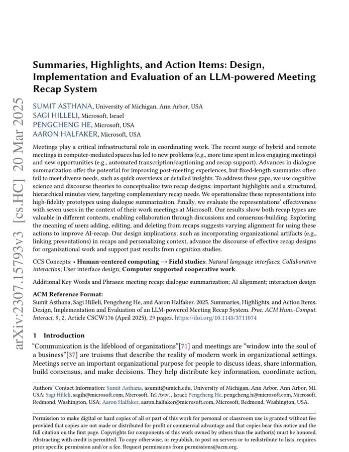 First page of “Summaries, Highlights, and Action Items: Design, Implementation and Evaluation of an LLM-powered Meeting Recap System”