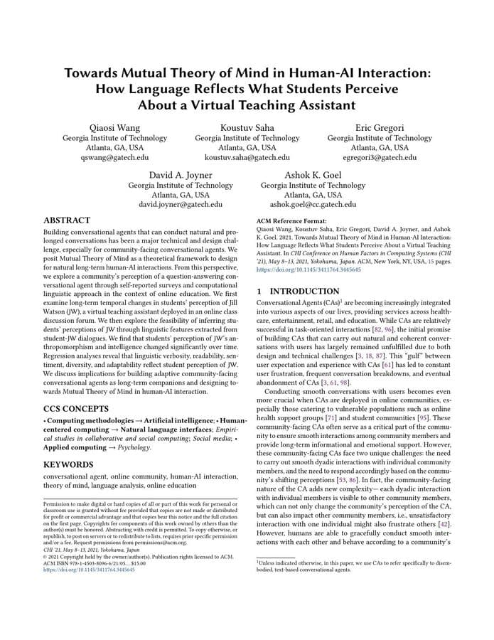First page of “Towards Mutual Theory of Mind in Human-AI Interaction: How Language Reflects What Students Perceive About a Virtual Teaching Assistant”